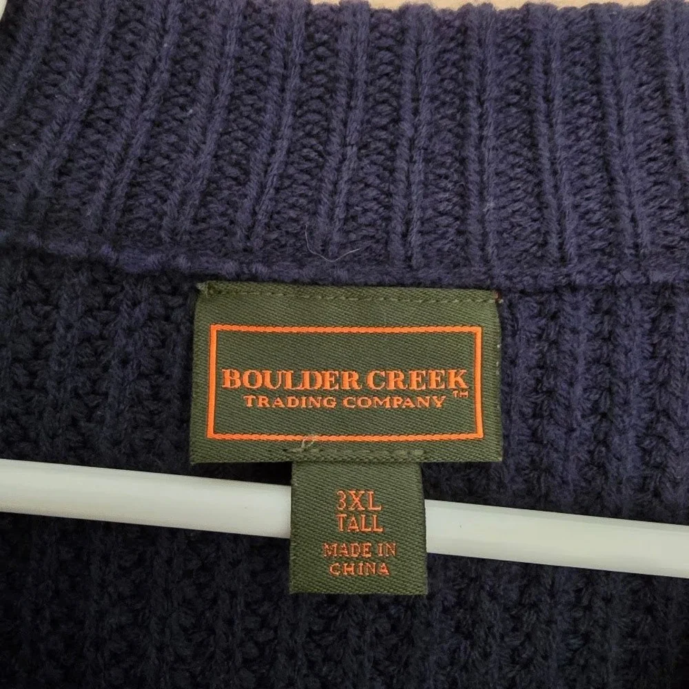 Boulder Creek Henley Sweater Mens 3XL Tall Navy Blue Suede Patch Rib Knit  1240